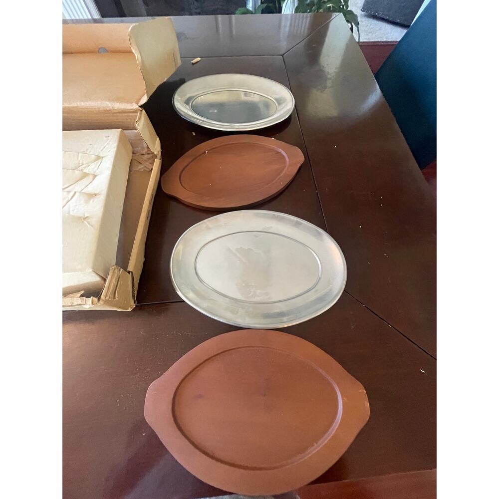 Vintage Hellerware 2 Stainless Steel Serving Trays w/ Wood Trays NEW old stock